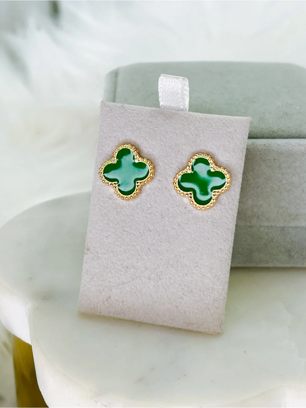 Green Clover enamel gold 1/2” stud earrings